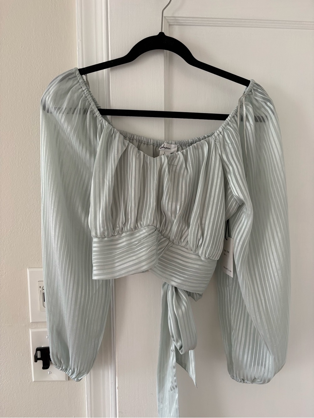 Japna Sage Green Striped Cropped Blouse